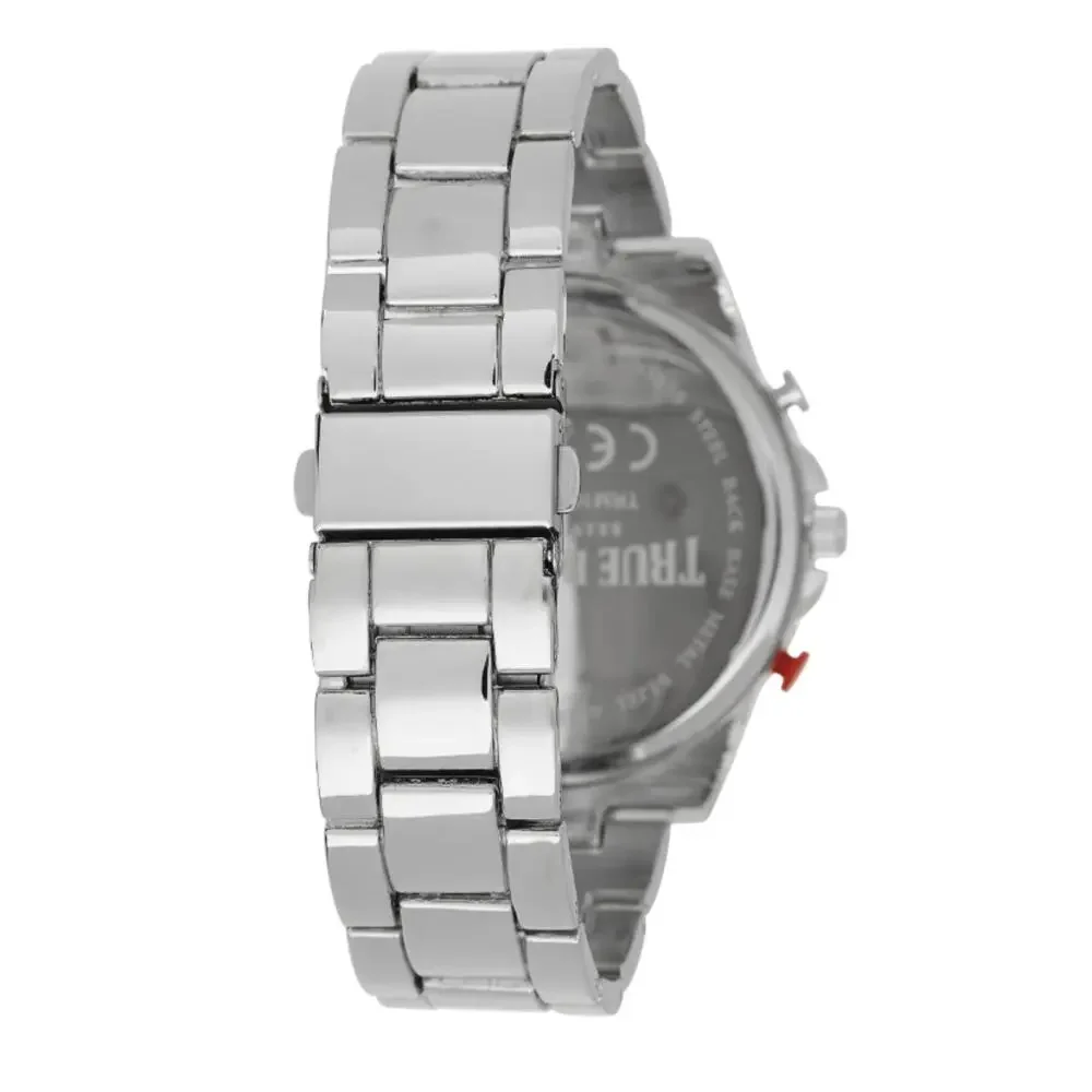 True Religion Mens Buddha Silver Chronograph Bracelet Watch 45mm Quartz Gift Box